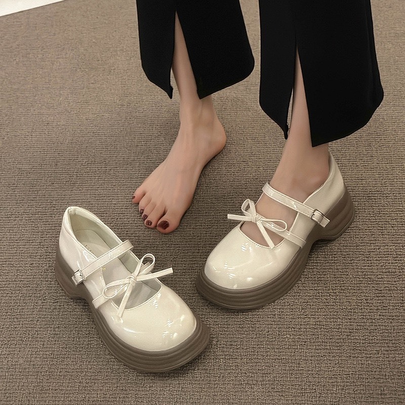 Giày Loafer da nữ phong cách Hàn Quốc phối nơ quai cài - Giày da nữ thời trang mã V5