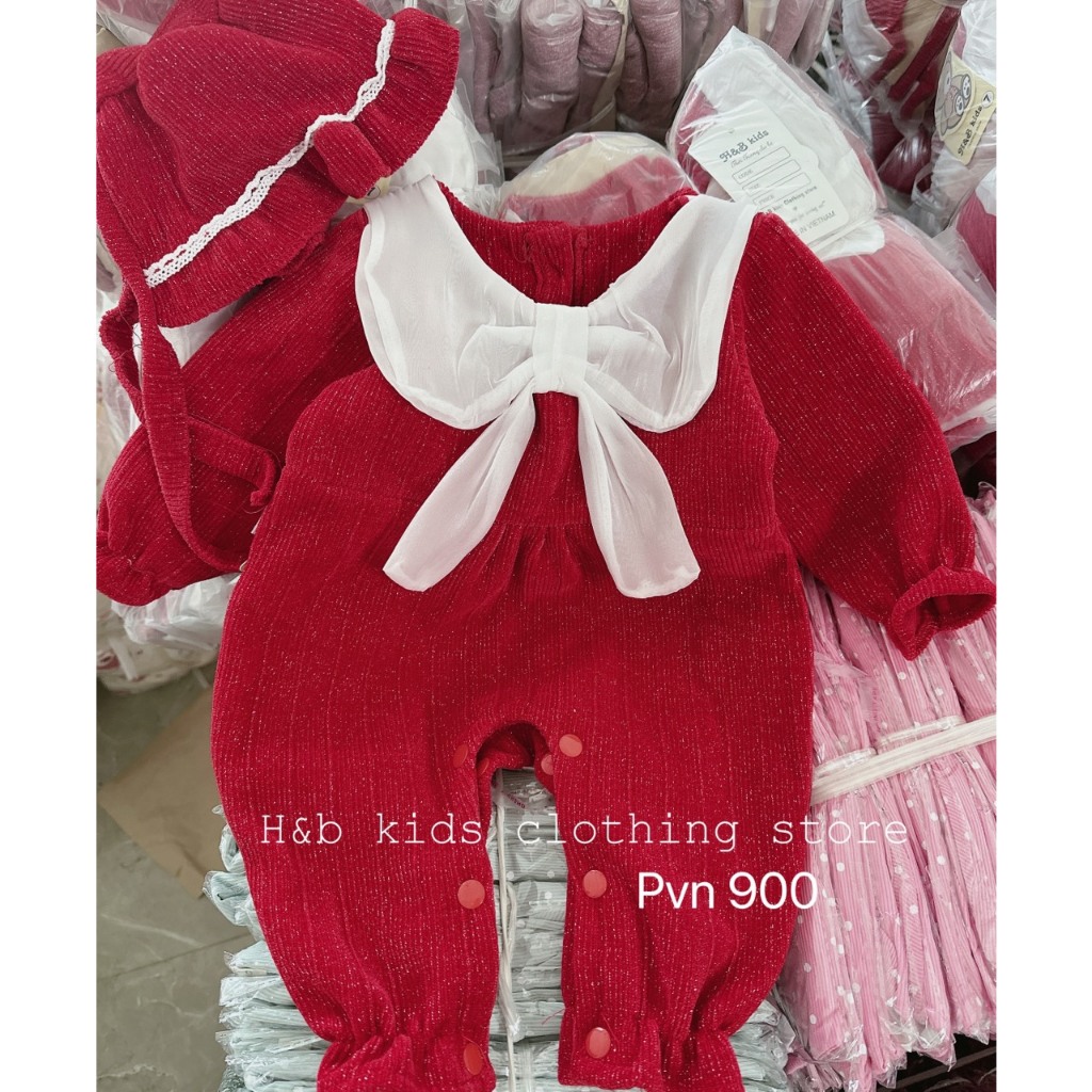 Body cho bé gái, nhung kim tuyến màu đỏ có nơ xinh xắn cho bé gái 5-12kg BÌNH MINH SHOP