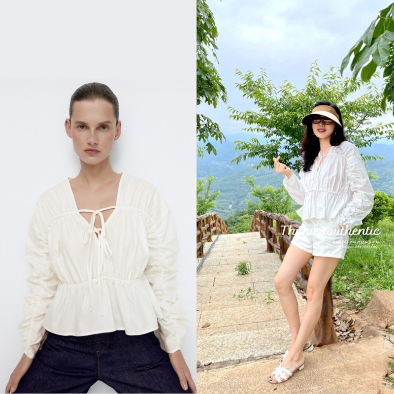 Áo vải poplin kiểu bo thắt nơ màu trắng kem mã code: 7969/248/250 ZARA chính hãng(kèm ảnh thật)