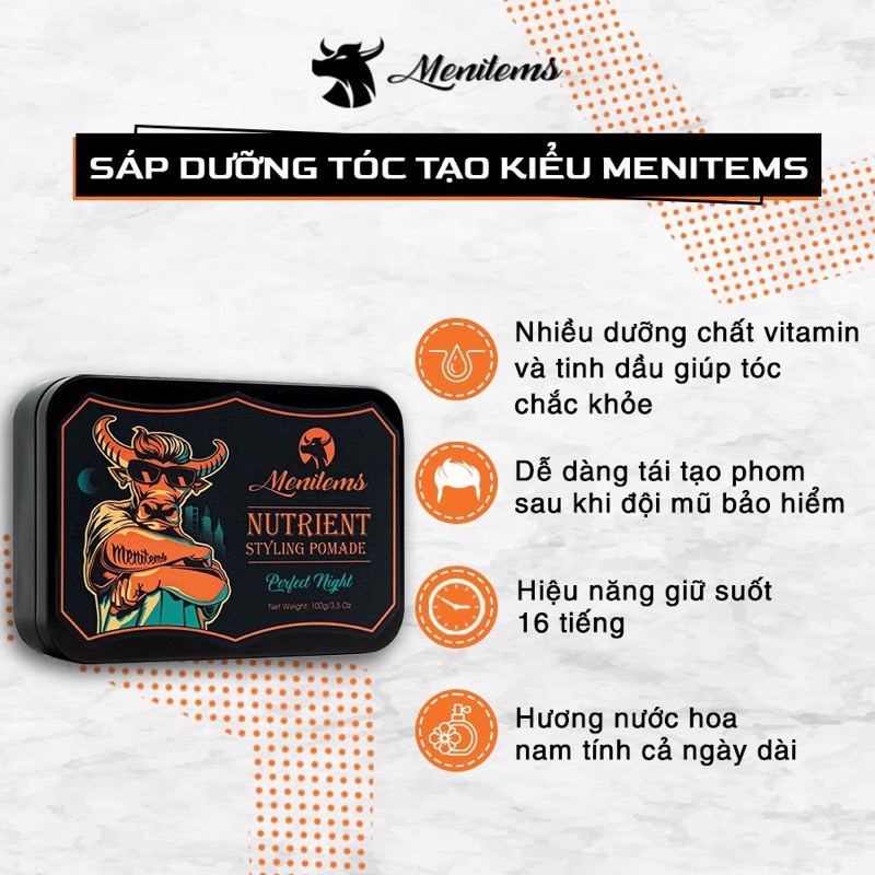 Sáp vuốt tóc Nam Menitems - 100gr tạo kiểu giữ nếp cho tóc. Hương Nước Hoa Lưu Hương Lâu. HÀNG CHÍNH HÃNG