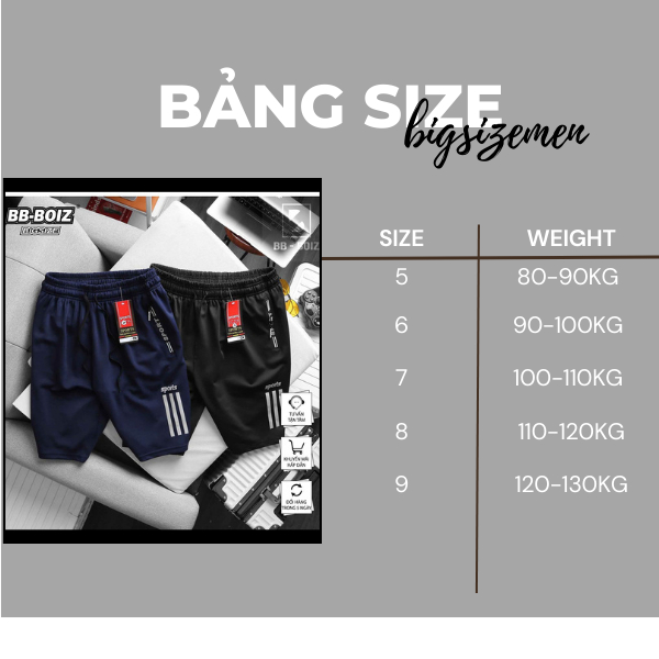 Bigsize Quần short thun BB - Boiz nam bigsize từ 90kg - 140kg mặc đẹp 3 sọc
