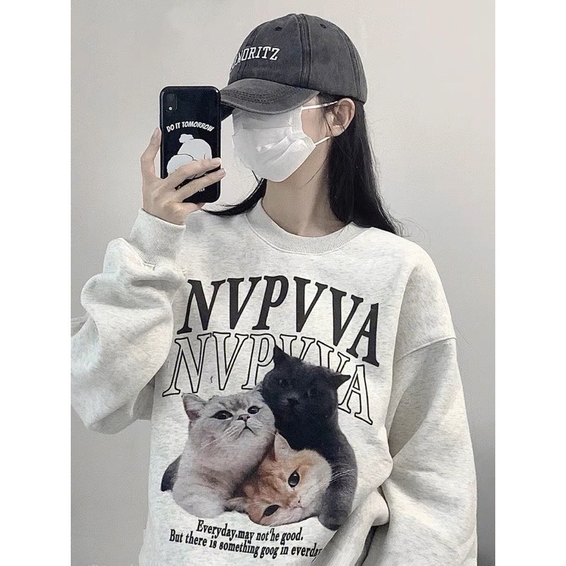 Áo Sweater chất Nỉ Bông Form Rộng Nam Nữ Unisex Dáng Oversize Xám Tiêu In Hình Nhiều dễ thương
