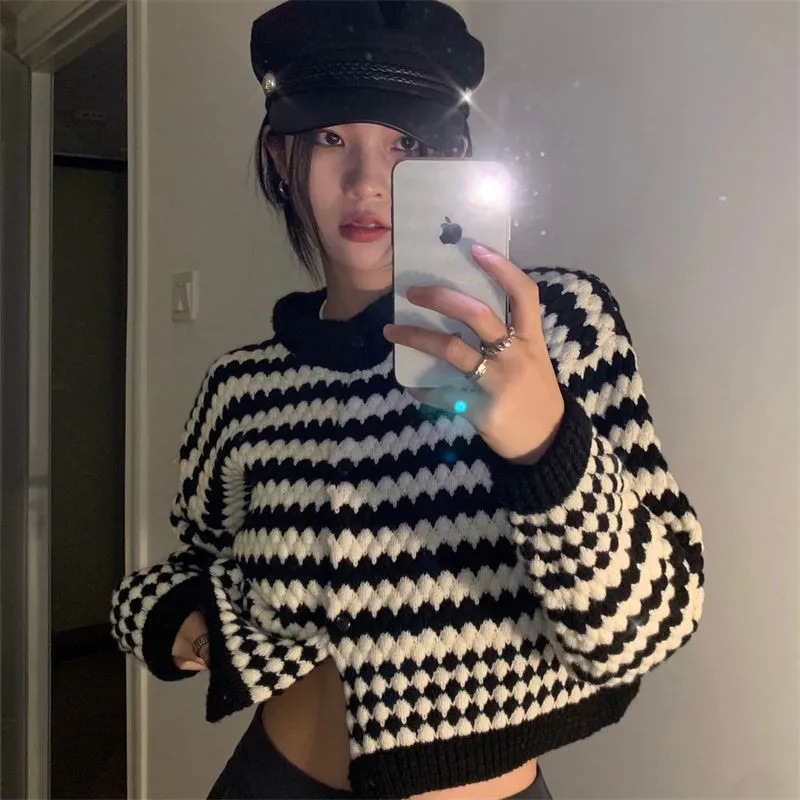 Áo khoác len lửng nữ Khoác ngoài Sọc ngang Tay dài Hàn Quốc Áo len khoác ngoài nữ croptop Giữ ấm nhiệt