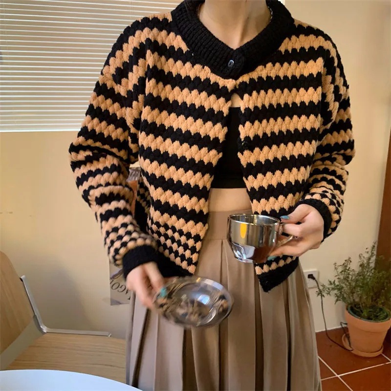 Áo khoác len lửng nữ Khoác ngoài Sọc ngang Tay dài Hàn Quốc Áo len khoác ngoài nữ croptop Giữ ấm nhiệt