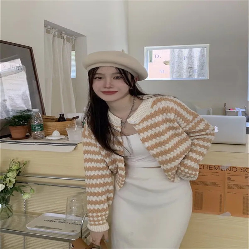 Áo khoác len lửng nữ Khoác ngoài Sọc ngang Tay dài Hàn Quốc Áo len khoác ngoài nữ croptop Giữ ấm nhiệt