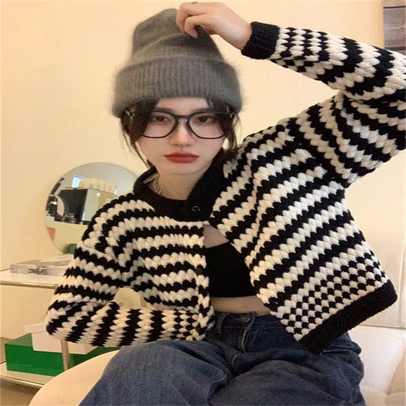 Áo khoác len lửng nữ Khoác ngoài Sọc ngang Tay dài Hàn Quốc Áo len khoác ngoài nữ croptop Giữ ấm nhiệt