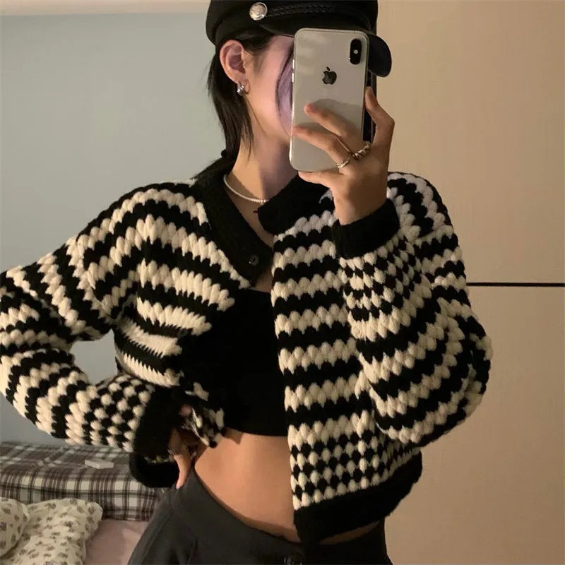 Áo khoác len lửng nữ Khoác ngoài Sọc ngang Tay dài Hàn Quốc Áo len khoác ngoài nữ croptop Giữ ấm nhiệt