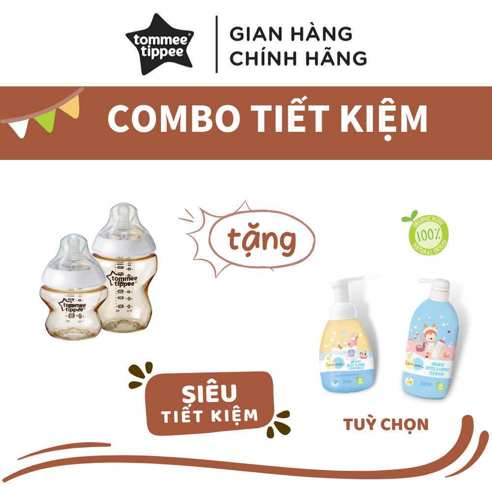 COMBO 2 Bình Sữa Tommee Tippee PPSU Ty Siêu Mềm Tự Nhiên TẶNG 1 Bình Nước Rửa Bình Sữa/Sữa Tắm Organic Lamoon (Tuỳ Chọn)