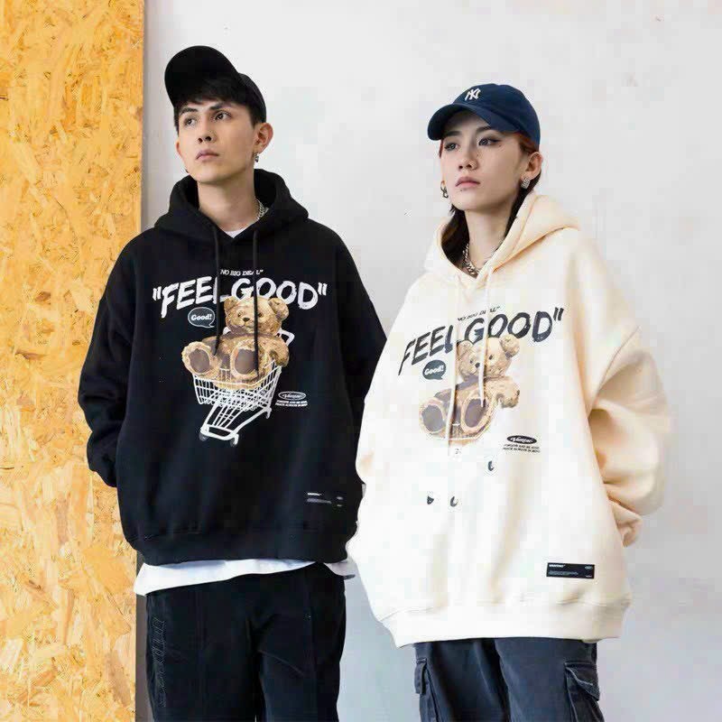 Áo khoác hoodie Nam Nữ chui Đầu họa tiết hình gấu ngồi xe Đẩy phong cách thời trang cặp Đôi TP