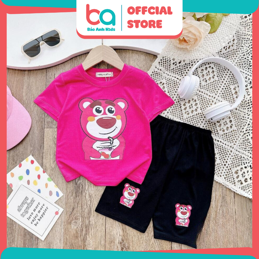 Đồ bộ cộc tay Minkymom gấu dâu Lotso thun lạnh cho bé gái bé trai Bảo anh Kids set bộ lửng quần áo trẻ em sang chảnh