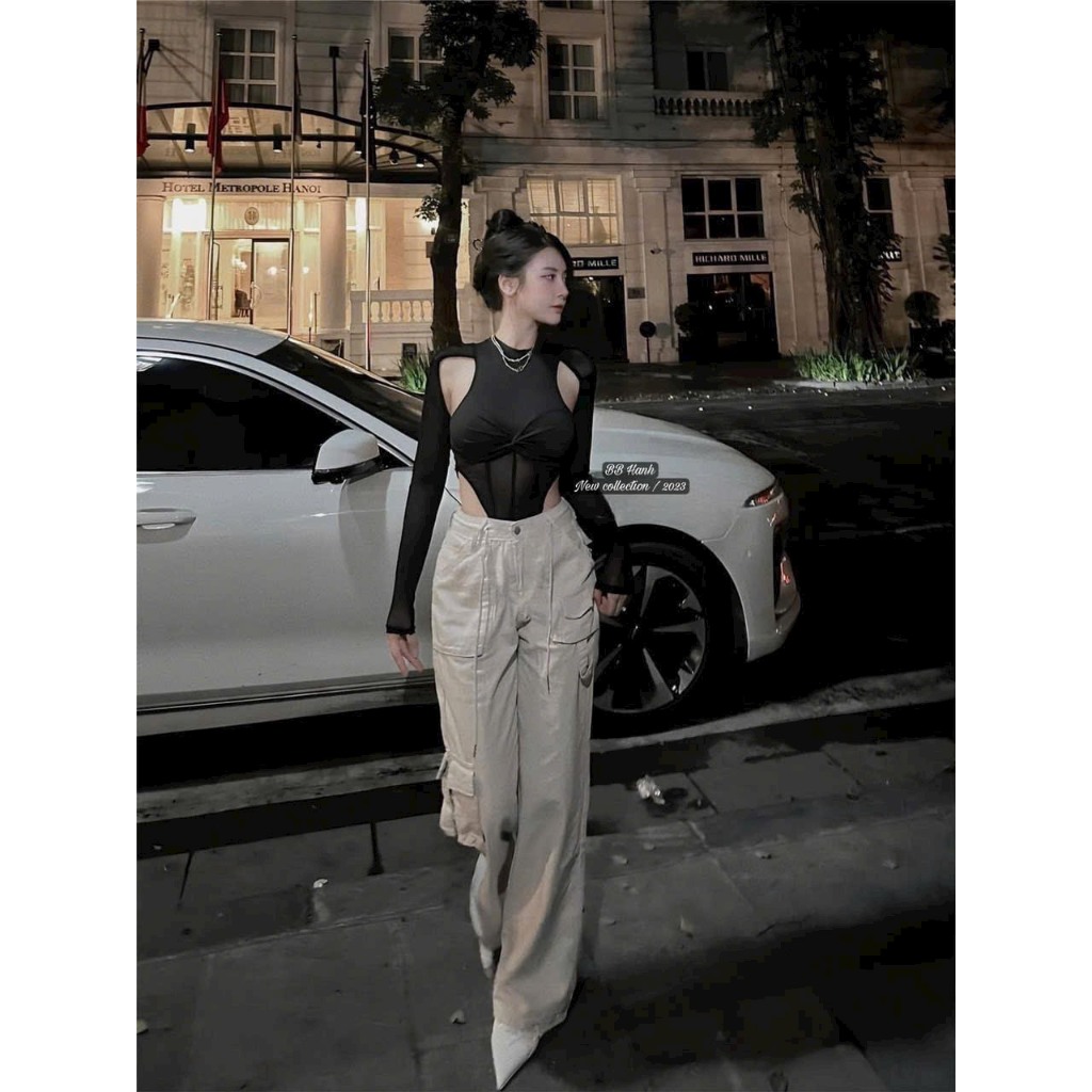 Áo thun bodysuit tay dài khoét vai kiểu
