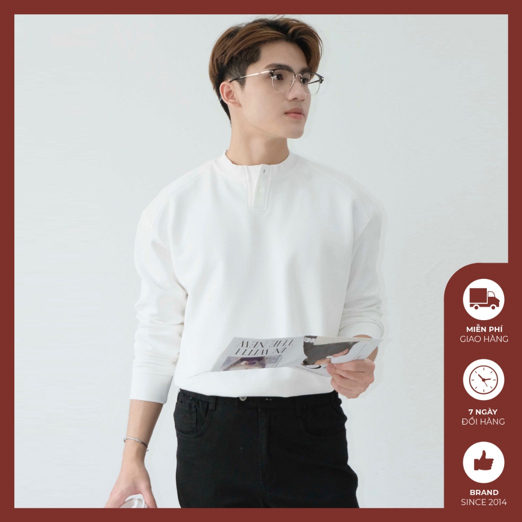 Áo sweater nam cổ cúc Độc menswear nỉ trơn form suông, xử lý chống xù, bo cổ tròn phong cách hàn quốc - AT296