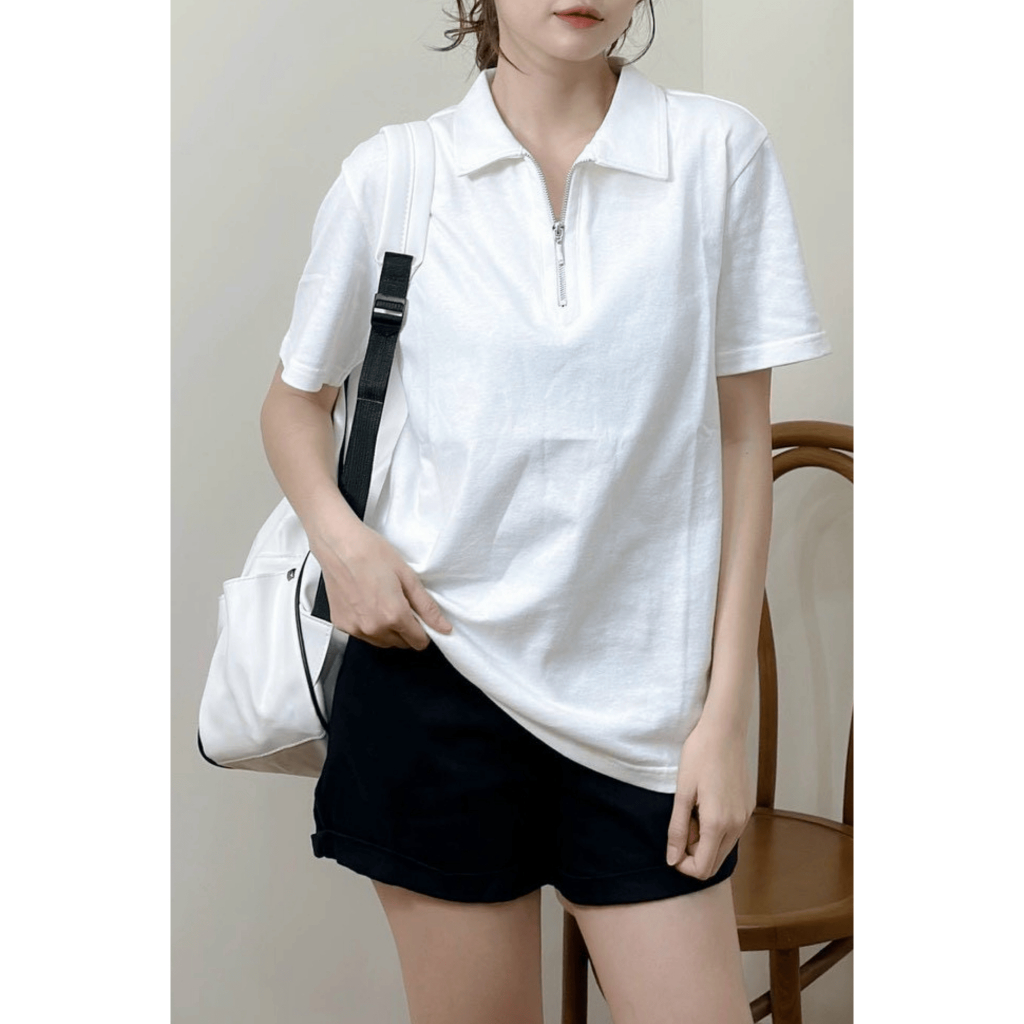 Áo POLO nữ cổ kéo khoá trơn x TIEUMAY, áo thun nữ cổ kéo khoá trơn 100% cotton dày dặn TMPL01