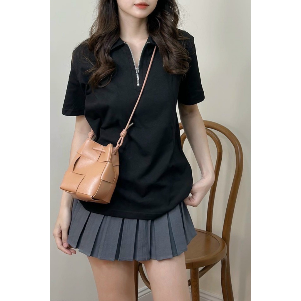 Áo POLO nữ cổ kéo khoá trơn x TIEUMAY, áo thun nữ cổ kéo khoá trơn 100% cotton dày dặn TMPL01