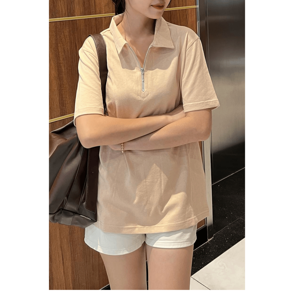 Áo POLO nữ cổ kéo khoá trơn x TIEUMAY, áo thun nữ cổ kéo khoá trơn 100% cotton dày dặn TMPL01