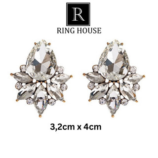 E312 Khuyên tai bông tai nữ to đính đá sáng đẹp trắng cổ điển cô dâu dự tiệc Ring House