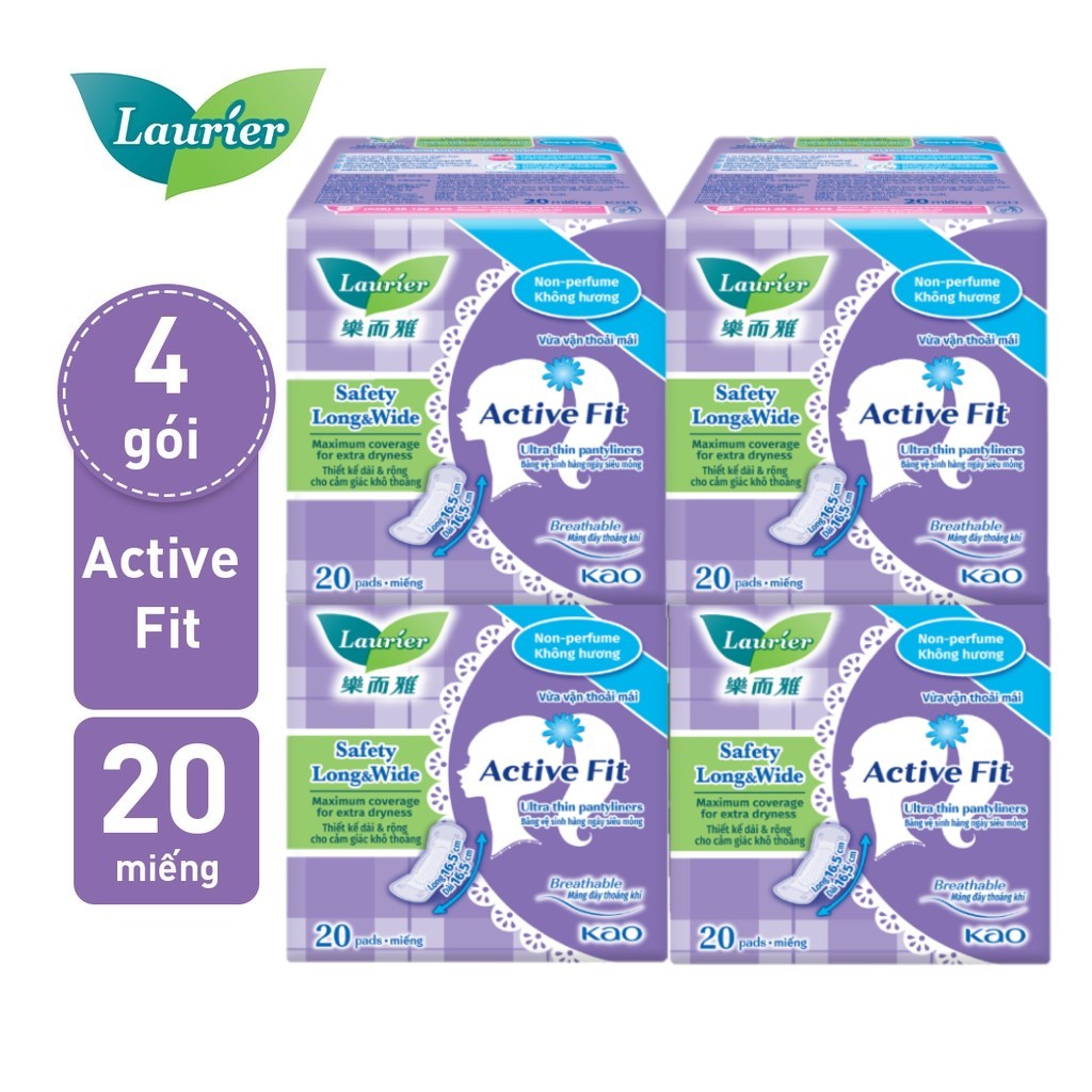 Combo 4 Băng vệ sinh hàng ngày Laurier Active Fit siêu thấm không hương 20 miếng