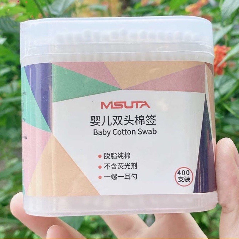 Tăm bông Misuta cho bé sơ sinh chất liệu bông tự nhiên, hộp 400 que