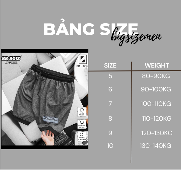 BIGSIZE - Quần short thun BB - Boiz phối viền chân running sz 85 - 130kg