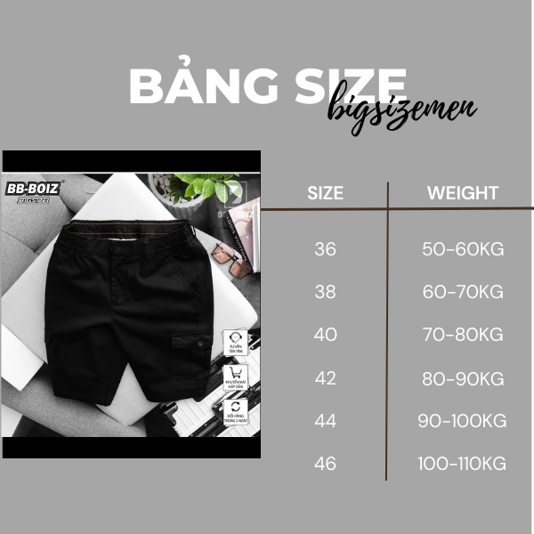BIGSIZE - Quần short kaki nam BB - Boiz túi hộp form bigsize 70kg - 110kg