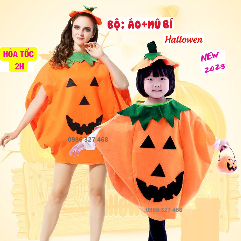 (SỈ RẺ) Combo Áo, Mũ hoá trang haloween hình bí ngô- phù thủy cho bé trai, bé gái- ảnh thật