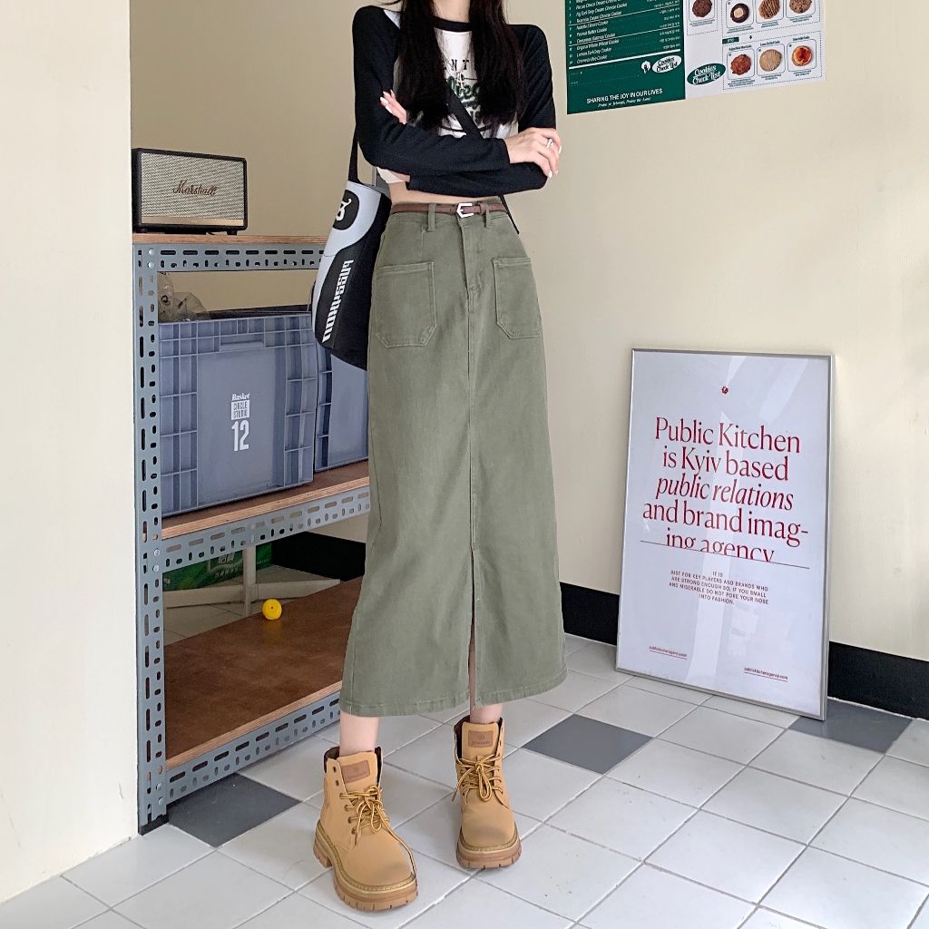 Chân váy jean kaki Midi dài Túi hộp Xẻ trước Lưng cao Kèm dây lưng Hàn Quốc Váy jean kaki dài Cạp cao