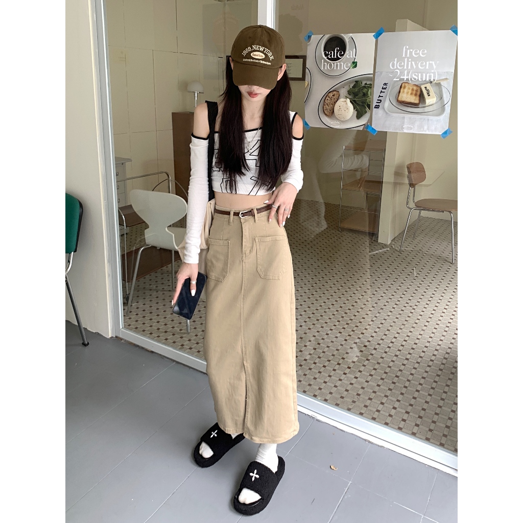 Chân váy jean kaki Midi dài Túi hộp Xẻ trước Lưng cao Kèm dây lưng Hàn Quốc Váy jean kaki dài Cạp cao