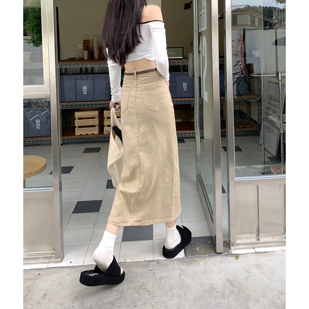 Chân váy jean kaki Midi dài Túi hộp Xẻ trước Lưng cao Kèm dây lưng Hàn Quốc Váy jean kaki dài Cạp cao