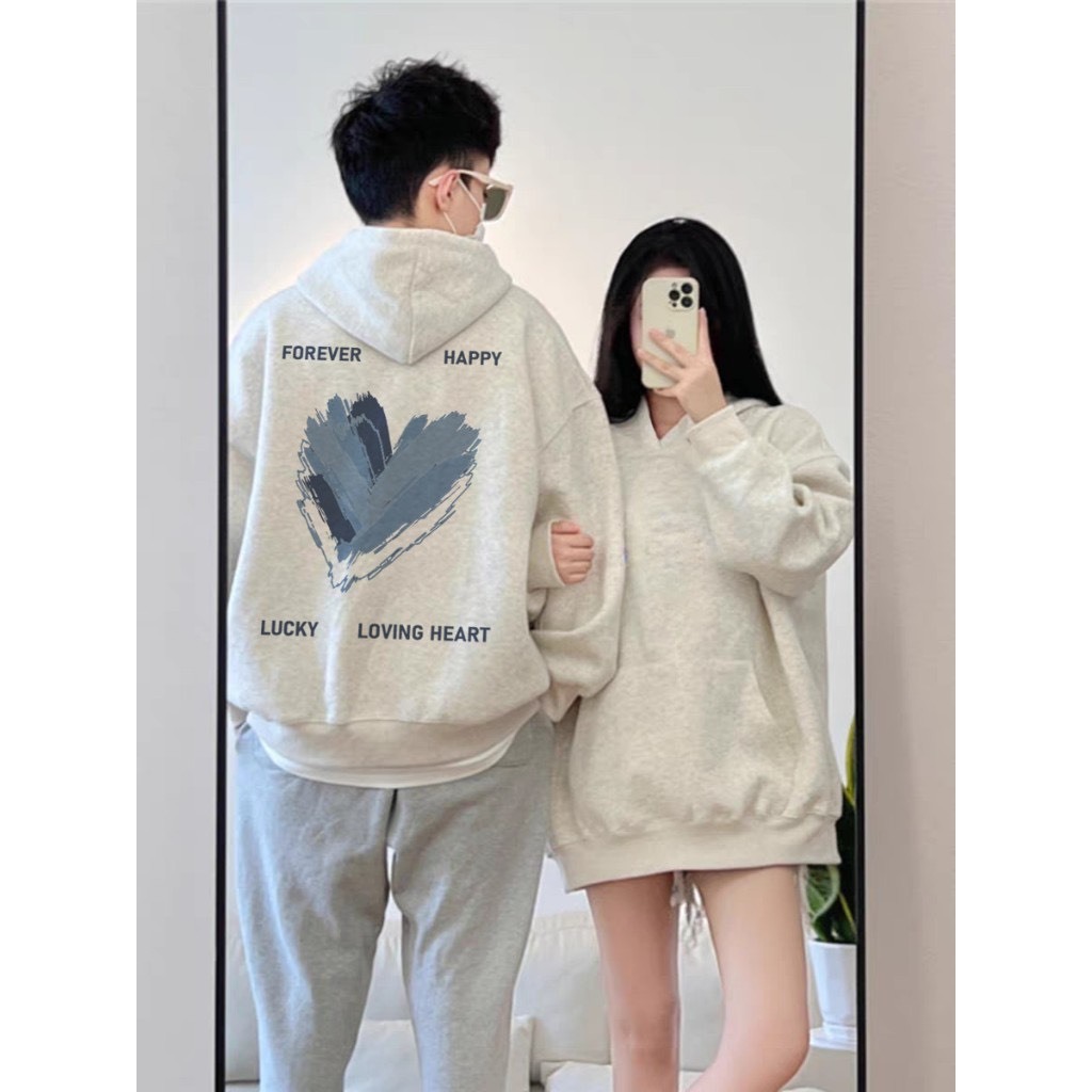 Áo Hoodie Nỉ Cotton dày in hình trái tim Áo đôi áo cặp nam nữ Full Box