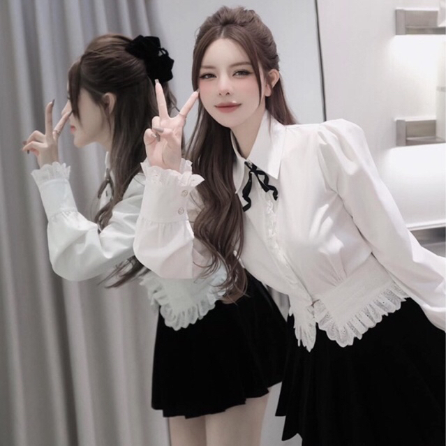 JENNYCLOSET | Áo sơ mi bèo ren + chân váy nhung tiểu thư , Áo sơ mi nơ mix chân váy MPB  -chuẩn mac