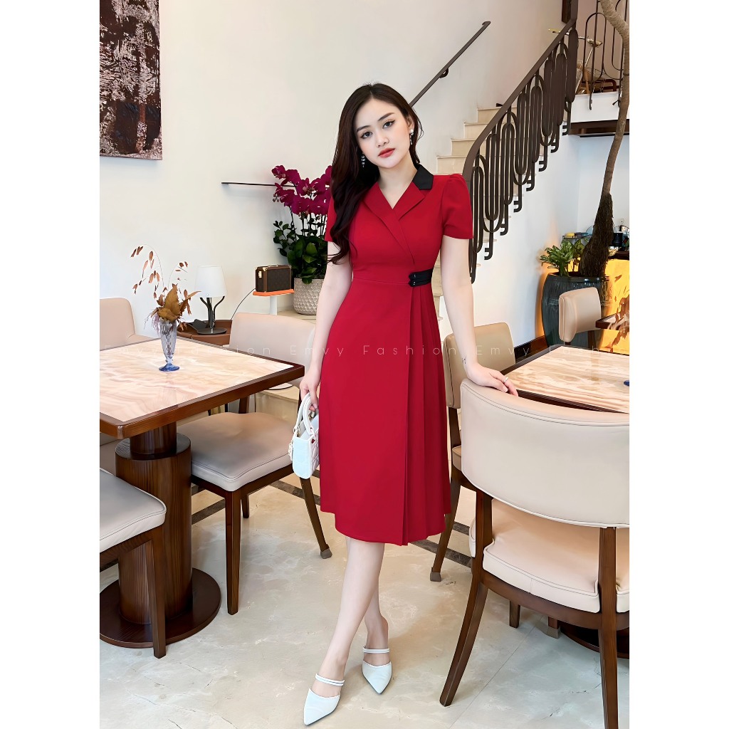 Đầm công sở cổ Vest sang trọng, dầm dự tiêc dang xòe chất liệu Mango Ý cao cấp Emvy Fashion K78