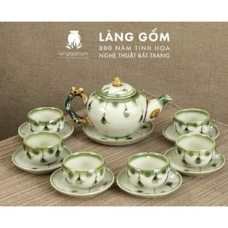 Bộ ấm chén men hỏa biến họa tiết gốc cây bé hoa rơi dùng làm uống trà - gốm sứ Bát Tràng - LÀNG GỐM