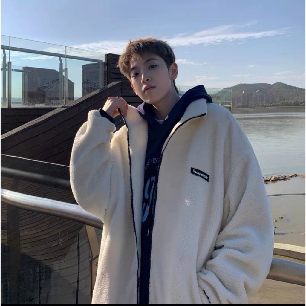 Áo khoác lông cừu Đại Hàn in logo from cao cổ dành cho nam nữ