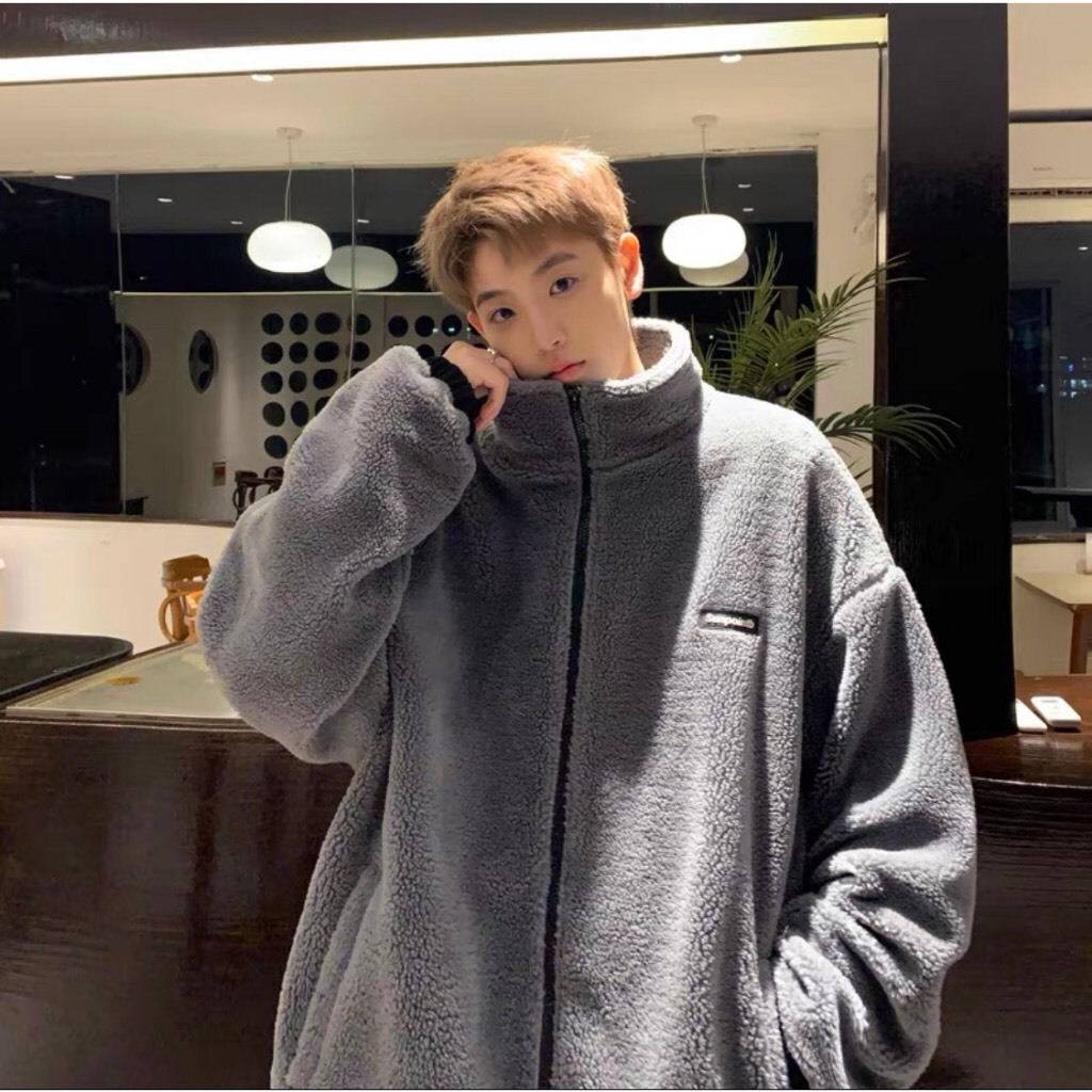 Áo khoác lông cừu Đại Hàn in logo from cao cổ dành cho nam nữ