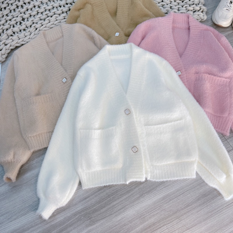 A82 Áo len lông thỏ cúc đá qc 4m , áo len nữ 2 túi thu đông