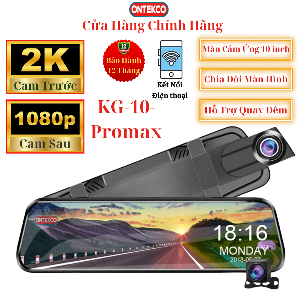 Camera hành trình ONTEKCO KG10 Promax 2K - wifi màn gương 10 Inh, xem video trên điện thoại camera lùi 1080P