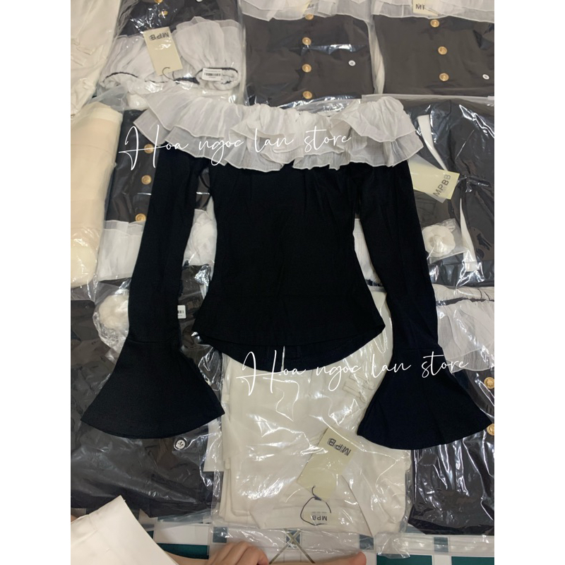 ẢNH THẬT-set áo trễ vai bèo mix chân váy xếp ly mai phương bùi mac 2 tem