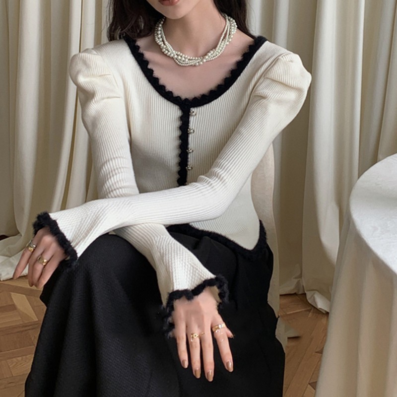 Áo len cardigan dệt kim dài tay cho nữ cổ V nhún bèo LUHAZO phong cách tiểu thư phối màu đen trắng nổi bật M272