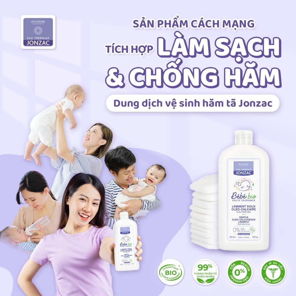 Dung dịch vệ sinh hữu cơ cho bé Jonzac 500ml, nước làm sạch vùng mặc tã tiện lợi - Monnie Kids