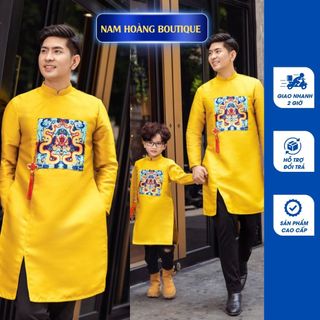 [Hỏa tốc giao 2h ] Áo dài nam cách tân chất tafta đắp chiện hình rồng màu vàng - Áo Dài Nam Hoàng