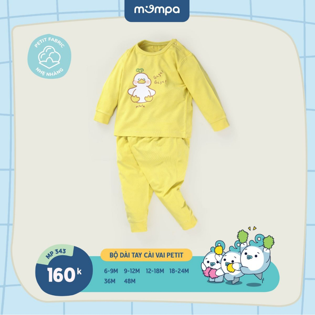 Bộ quần áo dài tay cho bé Mompa 6 tháng - 4 tuổi cúc vai vải Petit thoáng mát co giãn thấm hút 342