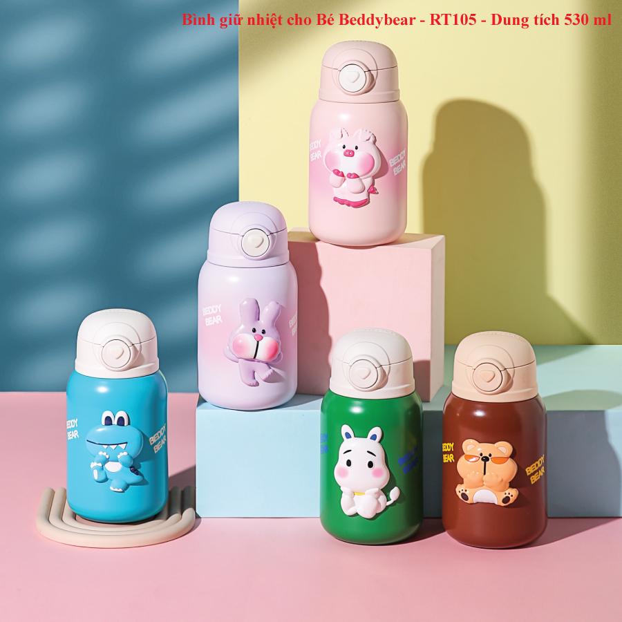 NEW ARRIVAL - Bình giữ nhiệt cho Bé Beddybear - Dung tích 530 ml - 3 nắp thay thế - họa tiết dập nổi 3D - Túi đeo da