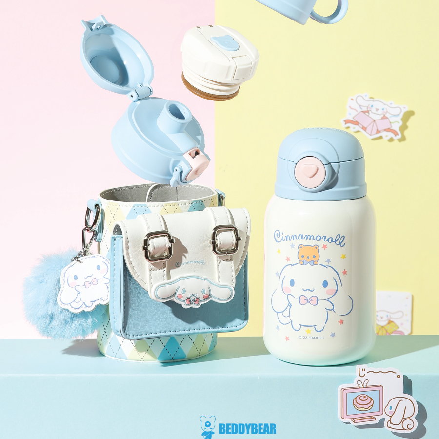 Bình giữ nhiệt Phiên bản GIỚI HẠN Chó Cinnamoroll Beddybear - Dung tích 530ml - 3 nắp thay thế - Túi đeo da kèm túi nhỏ