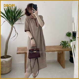 Váy polo cộc tay họa tiết ziczac VAY105 , đầm suông dáng dài cổ bẻ phom xuông dáng rộng dễ mặc