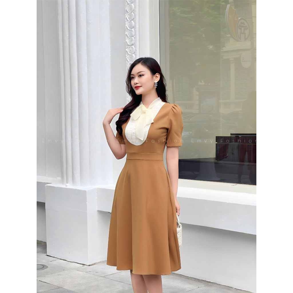 Váy công sở dáng xòe phối voan sang trọng, Vay nu cong sơ chât liệu mango ý cao caao Emvy Fashion K79