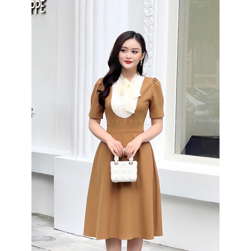 Váy công sở dáng xòe phối voan sang trọng, Vay nu cong sơ chât liệu mango ý cao caao Emvy Fashion K79