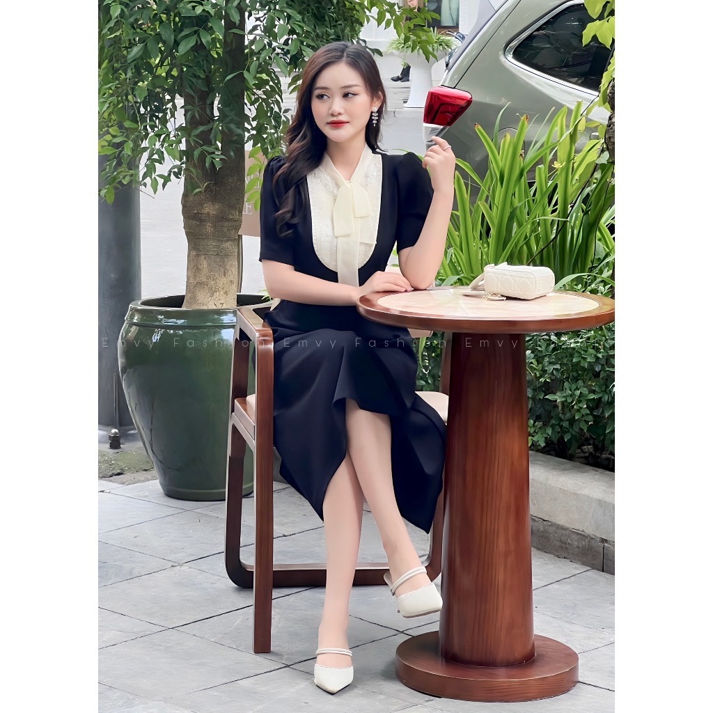 Váy công sở dáng xòe phối voan sang trọng, Vay nu cong sơ chât liệu mango ý cao caao Emvy Fashion K79