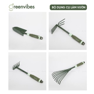 Bộ dụng cụ làm vườn 5 món cầm tay GREENVIBES bằng thép carbon cuốc, xẻng lớn, xẻng nhỏ, cào đất cào cỏ làm vườn tiện lợi