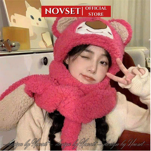 Mũ lông gấu Lotso hồng 3in1 kèm gang tay dày dặn