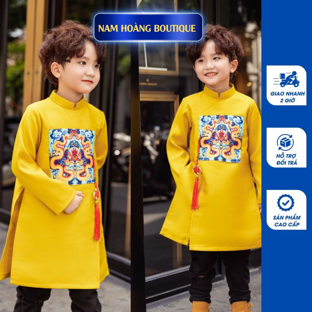 Áo dài cách tân bé trai chất liệu tafta đắp chiện hình rồng màu vàng - Áo Dài Nam Hoàng